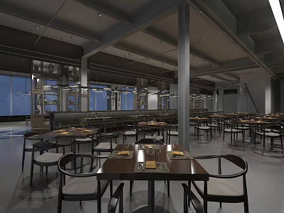 Modern Banquet Hall Interior With Wooden Tables Black Chairs And Bright Lighting 3d model