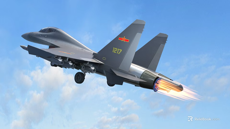 Modern Fighter Jet with Red Emblem on Tail Flying in Blue Sky with Clouds 3d model 
