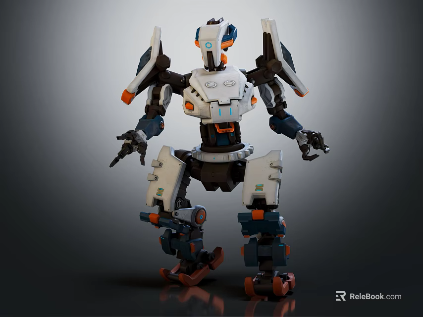 Futuristic Mechanical Robot Character With White Black Orange Armor And Joints 3d model 