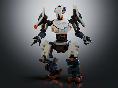 Futuristic Mechanical Robot Character With White Black Orange Armor And Joints 3d model