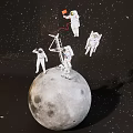 Multiple Astronauts on Detailed Moon Model with Starry Space Background