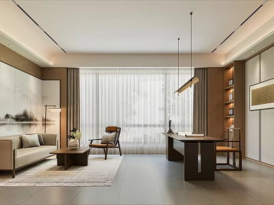 Modern Office Interior Design With Sofa Coffee Table Desk Bookshelf And Pendant Lights 3d model