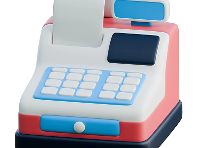 Modern Pink White Blue Cash Register With Display Screen Keyboard And Receipt Roll 3d model