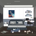 Modern Kids Room Interior With Bed Toy Car Cloud Shelves Decorative Painting And Rug