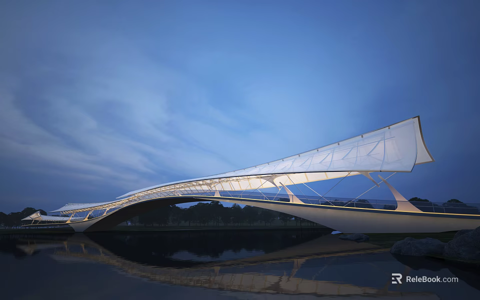 Modern Streamlined Landscape Bridge With White Membrane Structure And Water Reflection Under Evening Sky 3d model 