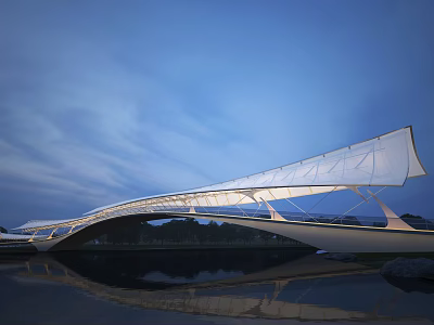 Modern Streamlined Landscape Bridge With White Membrane Structure And Water Reflection Under Evening Sky 3d model