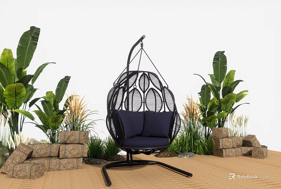 Outdoor Black Woven Hanging Chair With Blue Cushion Green Plants And Stone Decor 3d model 