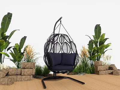 Outdoor Black Woven Hanging Chair With Blue Cushion Green Plants And Stone Decor 3d model