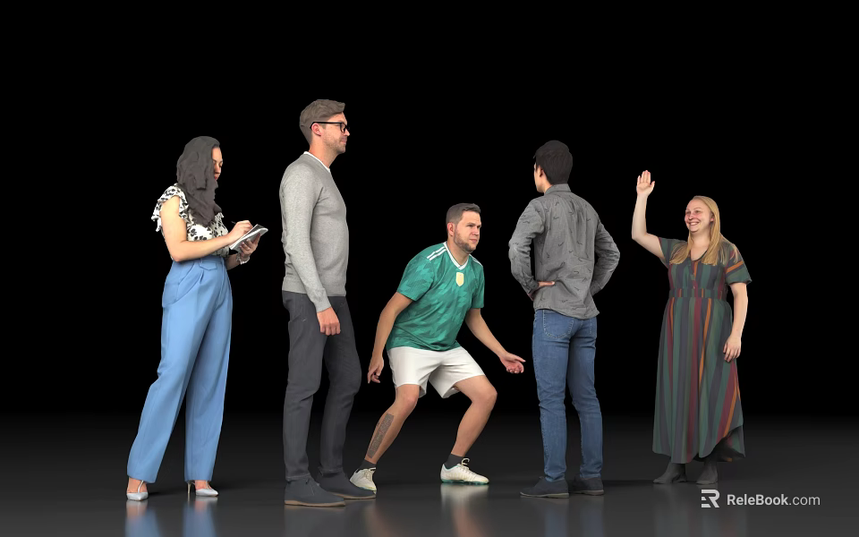 Group of People on Black Background with Various Poses Crouching Standing Raising Hand Holding Tablet 3d model 
