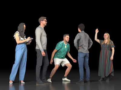 Group of People on Black Background with Various Poses Crouching Standing Raising Hand Holding Tablet 3d model