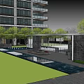 Modern Sales Office Building With Glass Curtain Walls Water Pond And Greenery