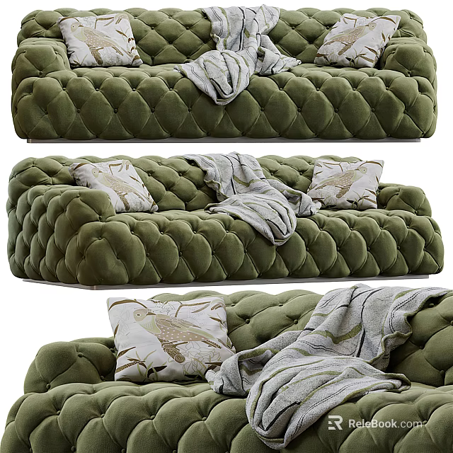 Green Tufted Sectional Sofa With Decorative Pillows And Soft Blanket 3d model 