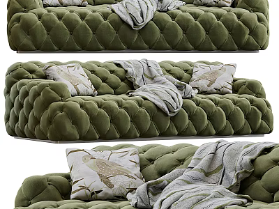 Green Tufted Sectional Sofa With Decorative Pillows And Soft Blanket 3d model