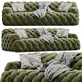 Green Tufted Sectional Sofa With Decorative Pillows And Soft Blanket 3d model