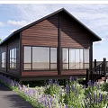 Wooden Gabled Roof Cabin With Large Windows Purple Flowers And Wooden Deck
