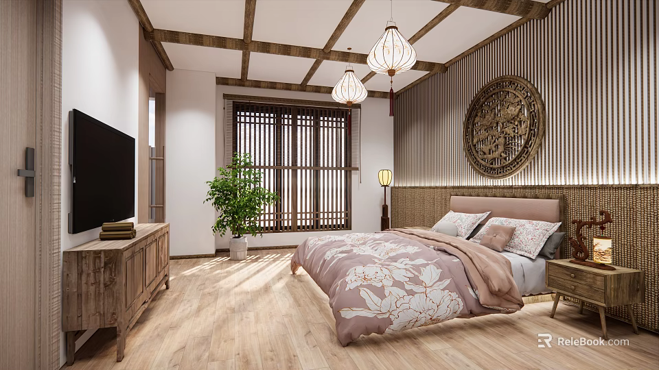 Chinese Hotel Guest Room With Wooden Ceiling Bamboo Screens Carved Panel And Floral Bedding 3d model 