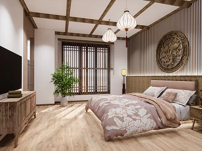 Chinese Hotel Guest Room With Wooden Ceiling Bamboo Screens Carved Panel And Floral Bedding 3d model