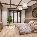 Chinese Hotel Guest Room With Wooden Ceiling Bamboo Screens Carved Panel And Floral Bedding
