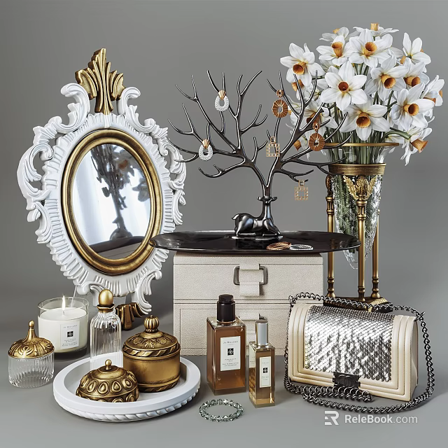 Elegant Decorative Ornament Set With Gold White Mirror Deer Figurine Vase Flowers Candles And Handbag 3d model 