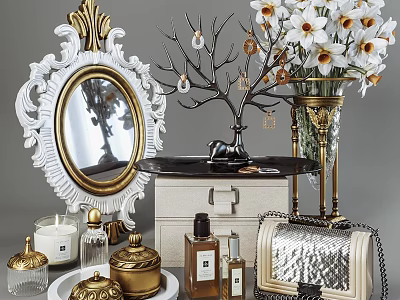 Elegant Decorative Ornament Set With Gold White Mirror Deer Figurine Vase Flowers Candles And Handbag 3d model