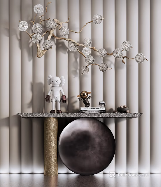 Elegant Console Table With White Figurine Gold Ornament Books Decorative Branch On Stripe Wall 3d model 