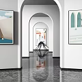 Art Gallery Interior With Arched Doorways And Colorful Paintings On Walls
