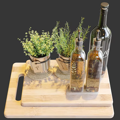 Fresh Herb Plants And Glass Bottles On Wooden Cutting Board For Kitchen 3d model