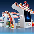 Modern Exhibition Booth With Curved Structure Colorful Decorations Brand Logos And Display Screens