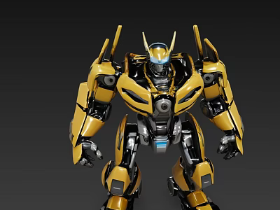 Yellow Black Mechanical Robot With Glowing Head And Metallic Armor 3d model
