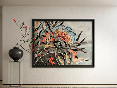 Stylish Interior Decor With Colorful Floral Painting Black Vase And Branches For Modern Home 3d model