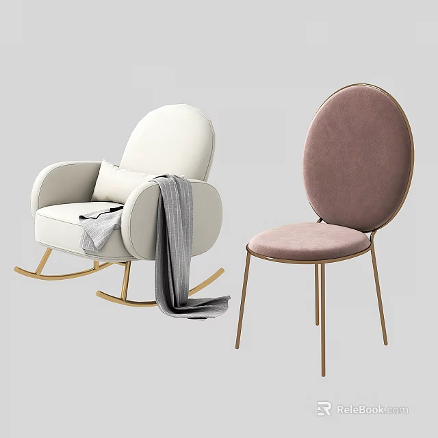 Stylish Leisure Chairs With White Rocking Design Pink Velvet Seat And Golden Legs 3d model 