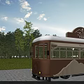 Mountain Themed Mobile Cafe Exterior With Brown White Color Wavy Pattern And Green Trees