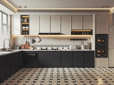 Modern Kitchen Interior With Black And White Tile Floor White Cabinets And Black Appliances 3d model
