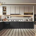Modern Kitchen Interior With Black And White Tile Floor White Cabinets And Black Appliances
