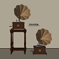 Two Vintage Poliform Gramophones With Wooden Stand And Brass Horn Audio Equipment Design