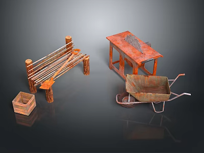 Outdoor Rustic Wooden Garden Furniture With Bench Table Crate And Wheelbarrow 3d model