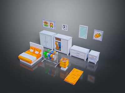 Cozy Room Interior Design With Yellow Bed White Cabinets Framed Artworks And Orange Mat 3d model