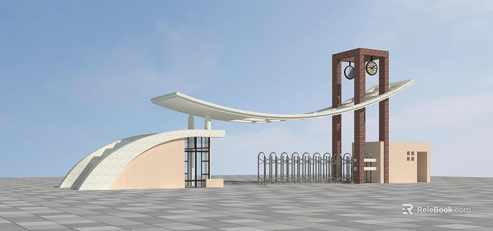 Modern Entrance Gate With Curved White Canopy And Brick Red Clock Tower 3d model 