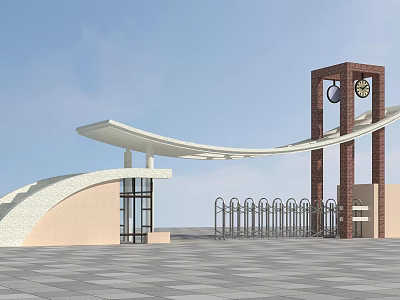 Modern Entrance Gate With Curved White Canopy And Brick Red Clock Tower 3d model