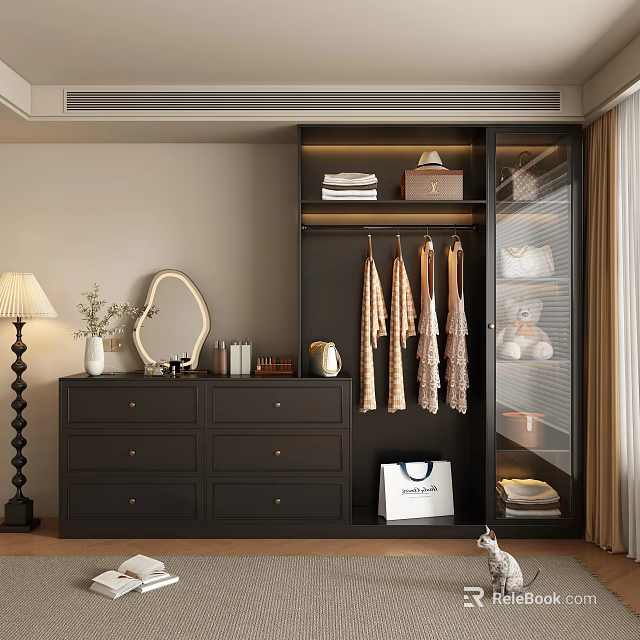 Modern Dark Wardrobe With Drawer Chest Hanging Clothes And Decorative Mirror 3d model 