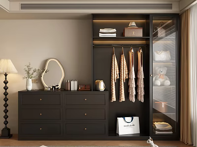 Modern Dark Wardrobe With Drawer Chest Hanging Clothes And Decorative Mirror 3d model