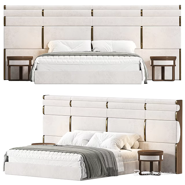 Minimalist Double Bed With Upholstered Headboard Wooden Nightstands And White Bedding 3d model 