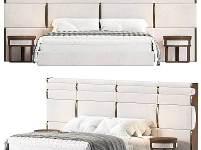 Minimalist Double Bed With Upholstered Headboard Wooden Nightstands And White Bedding 3d model