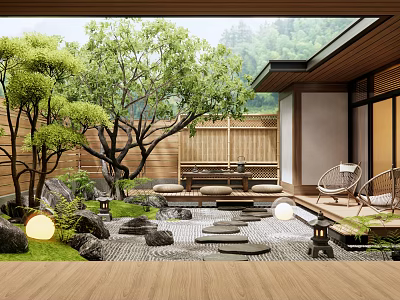 Courtyard Garden Design With Green Plants Stone Path Bamboo Fence Wooden Seating And Lanterns 3d model