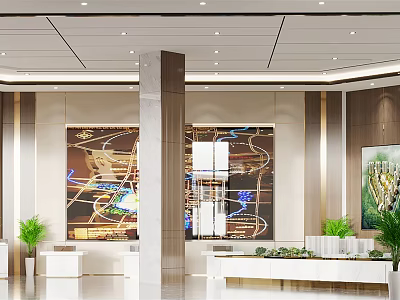 Modern Sales Office Interior With Layout Map Reception Desk And Green Plants 3d model