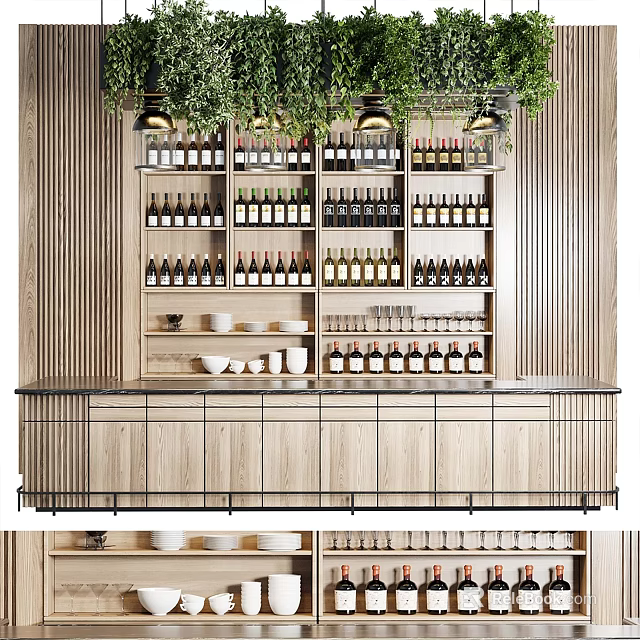 Modern Bar Counter With Wine Racks Hanging Green Plants And Wooden Cabinets 3d model 