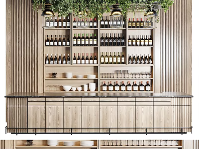 Modern Bar Counter With Wine Racks Hanging Green Plants And Wooden Cabinets 3d model