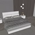Modern Double Bed Featuring Beige Leather Headboard Gray Quilt Nightstand and Pendant Lights