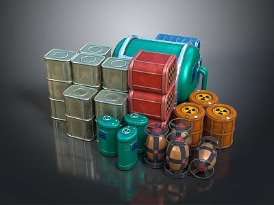 Colorful Household Storage Containers Including Green Red Orange Drums And Silver Cans 3d model