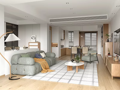 Modern Living Dining Room Interior With Gray Sofa Wooden Flooring Floor Lamp And Dining Table 3d model